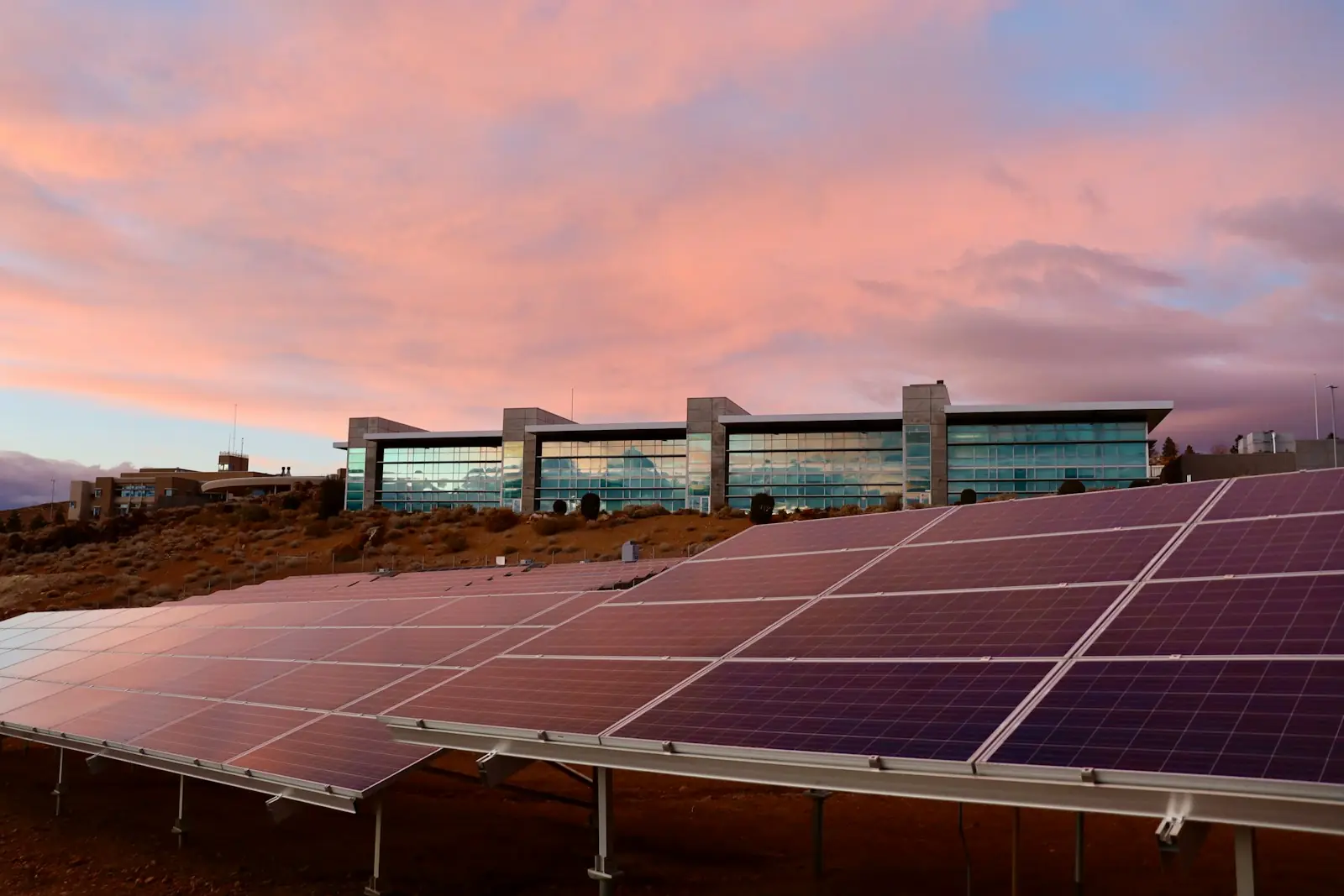 Módulos solares sobre una azotea al atardecer
